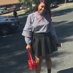 Checked blouse with floral embroidery